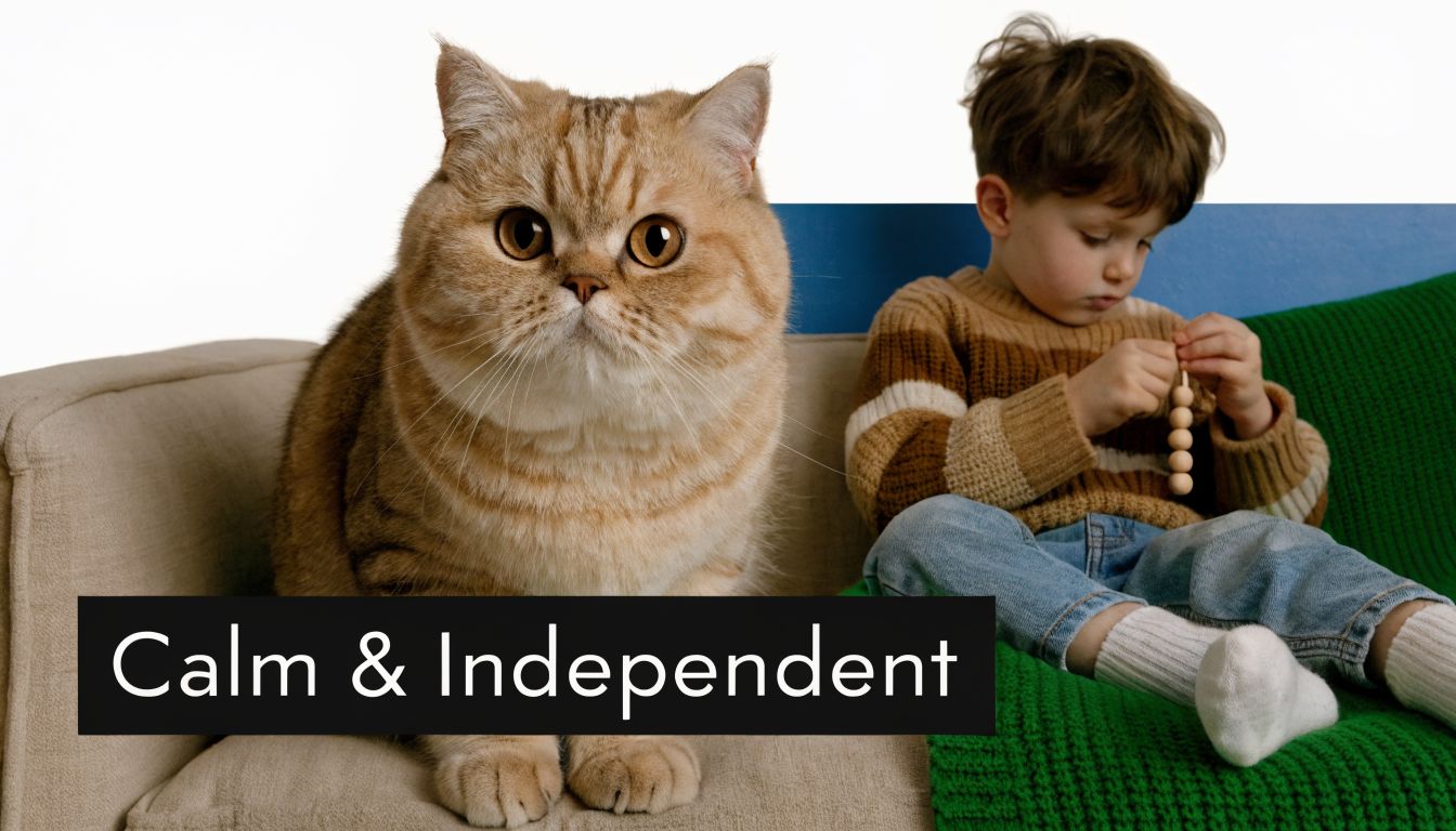 A fluffy ginger cat sitting next to a young boy playing on a couch.