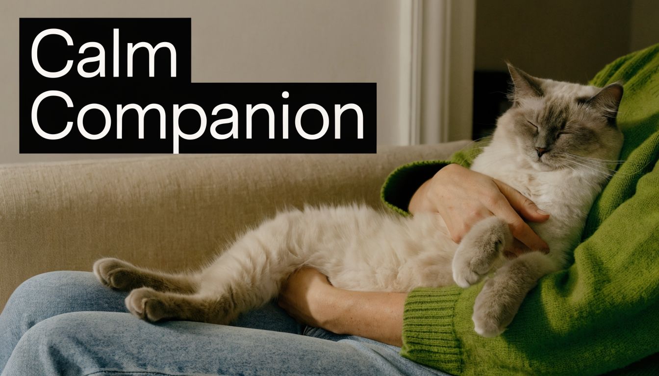 A person wearing a green sweater cuddling a calm, light-colored cat on a beige sofa.