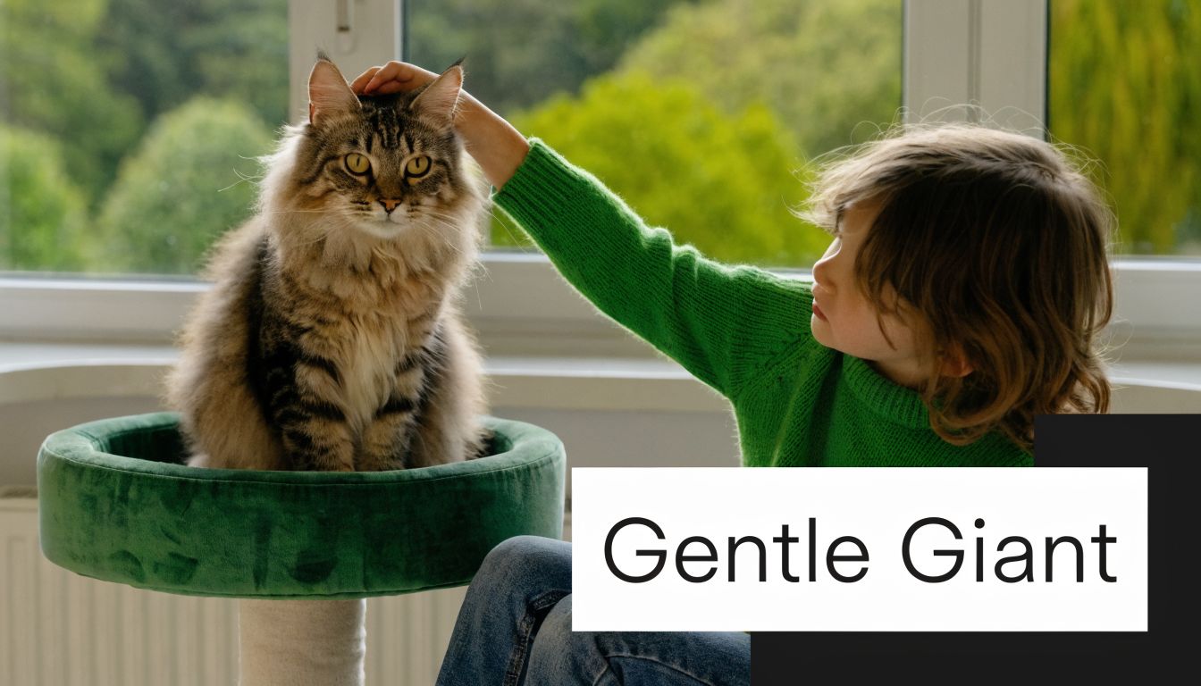 A young child gently petting a large, fluffy Maine Coon cat sitting on a green cat tree.