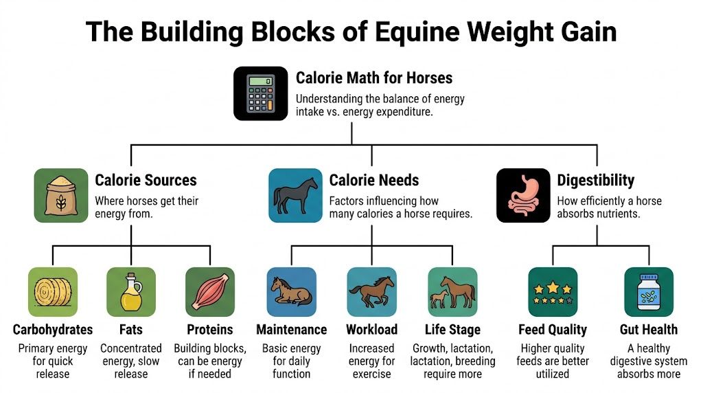 A flowchart infographic explaining the factors influencing equine weight gain including calorie sources, needs, and digestibility.