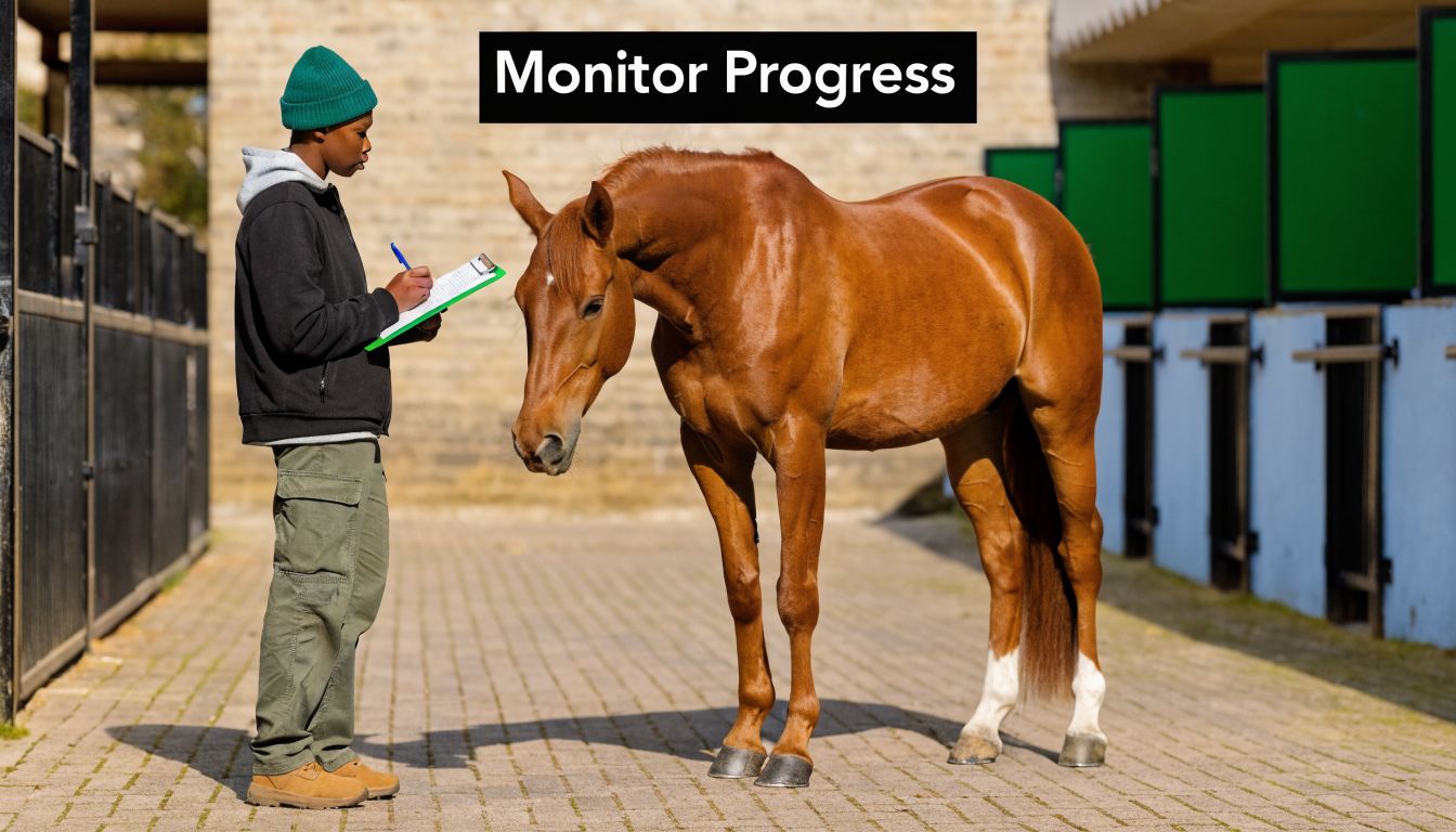A person in a beanie and jacket takes notes on a clipboard while examining a brown horse.