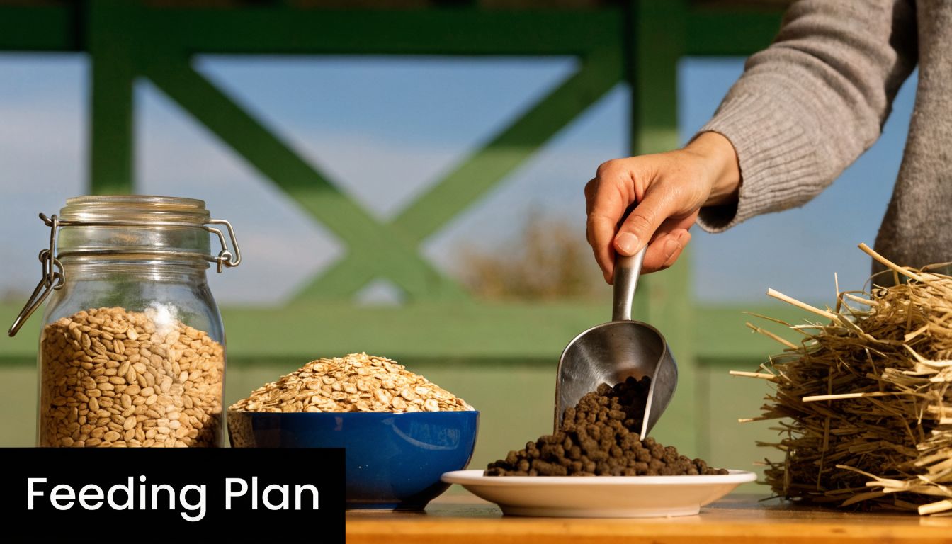 A person preparing horse feed by adding pellets to a plate next to grains and hay.