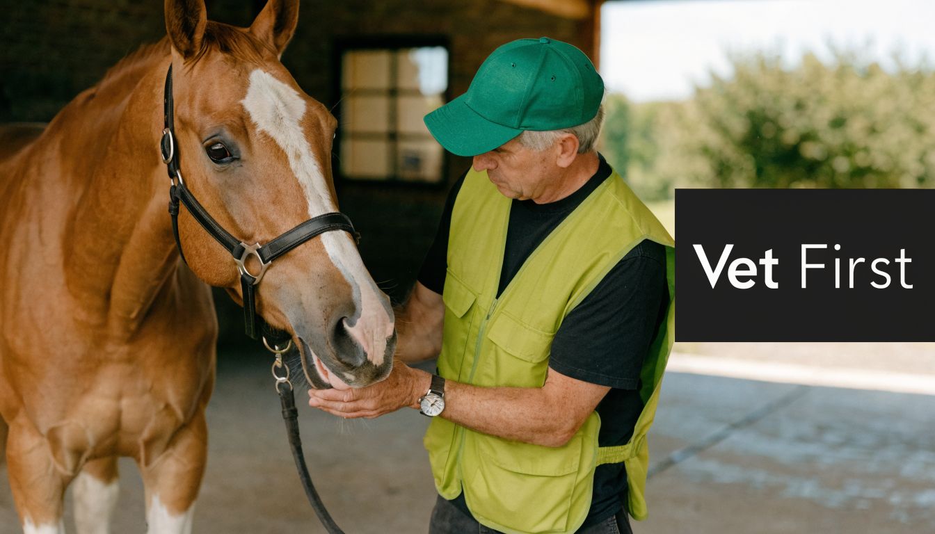 A veterinarian wearing a green cap and vest examining a horse's mouth in a stable setting.