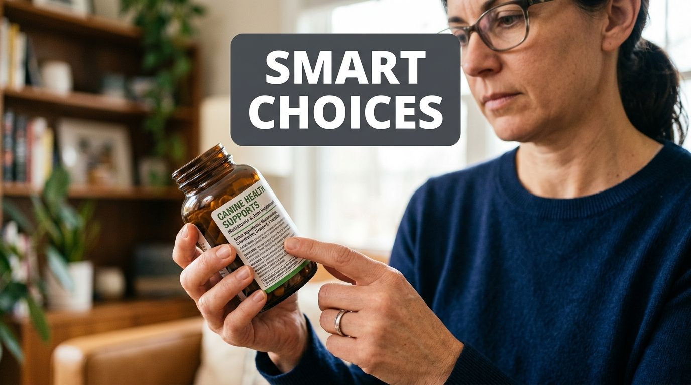 A person holding a bottle of canine health supplements, reading the label while making an informed decision.