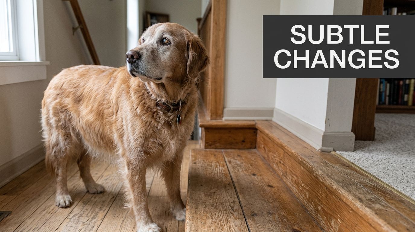 A senior golden retriever standing on wooden floors looking towards the side in a home setting.