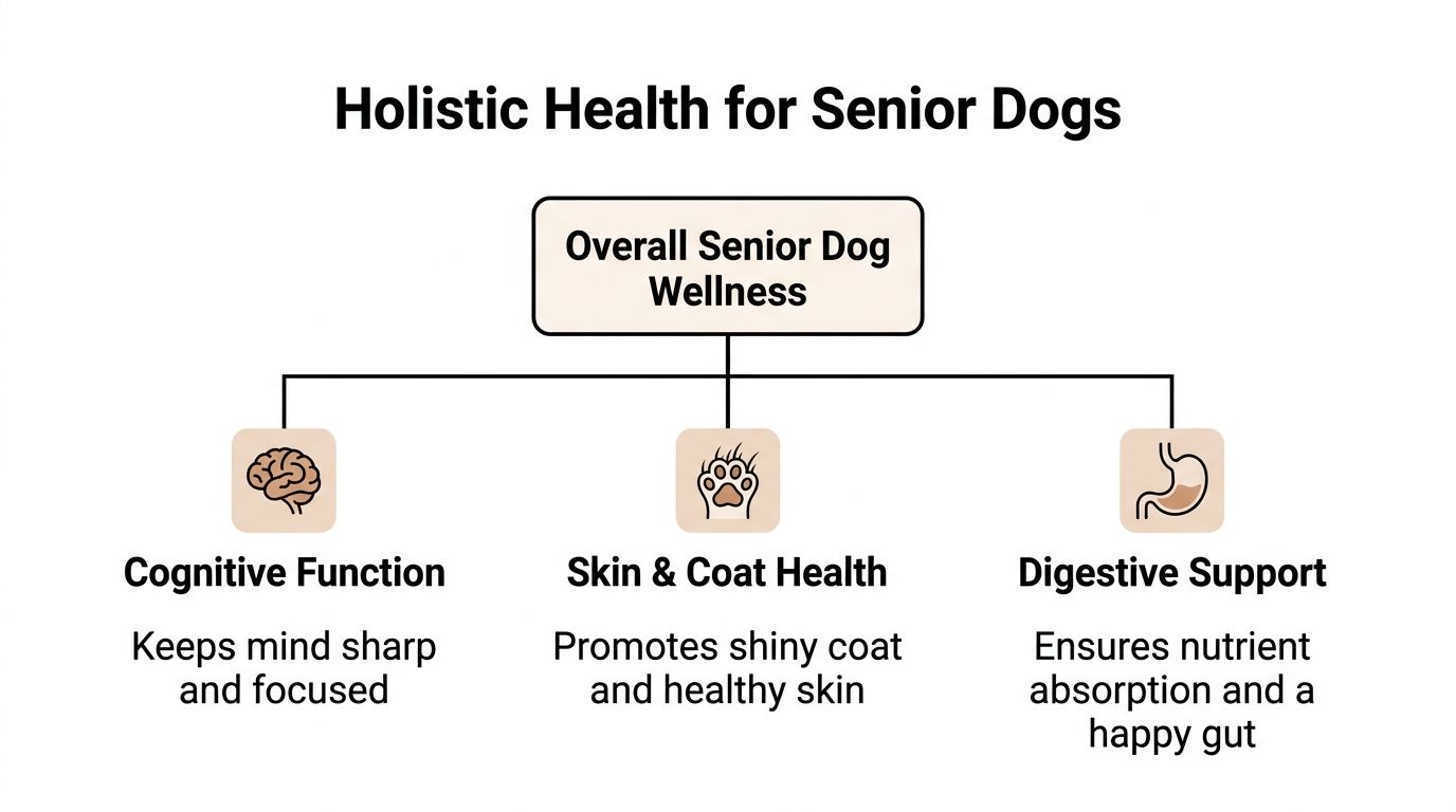 A diagram outlining the holistic health benefits for senior dogs, covering cognitive, skin, coat, and digestive support.
