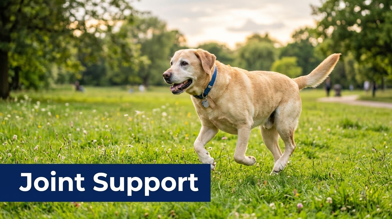 A happy senior golden Labrador retriever dog trotting through a lush green field on a sunny day.
