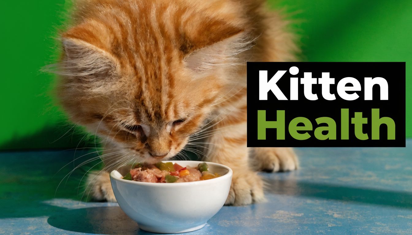 A cute ginger kitten eating wet food from a small white bowl on a blue surface.