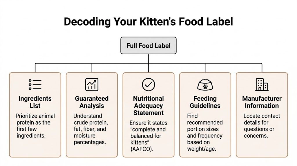 An infographic chart titled Decoding Your Kitten's Food Label showing five key components to check.