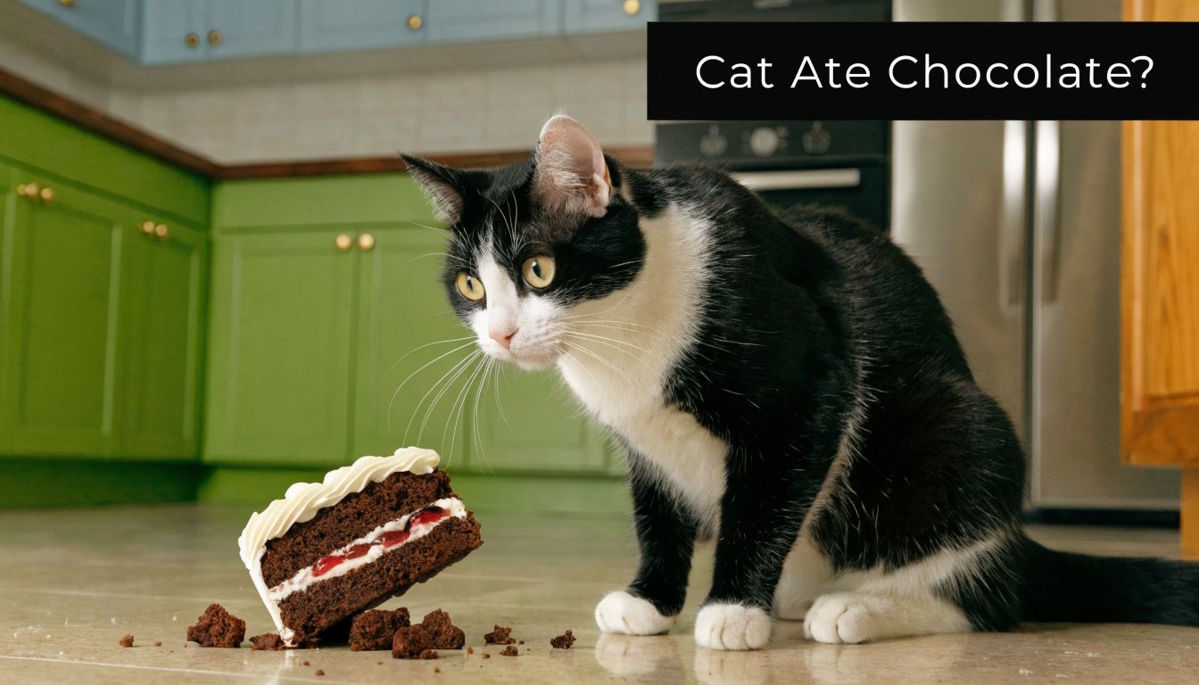 A black and white cat sitting on a kitchen floor looking at a slice of chocolate cake.