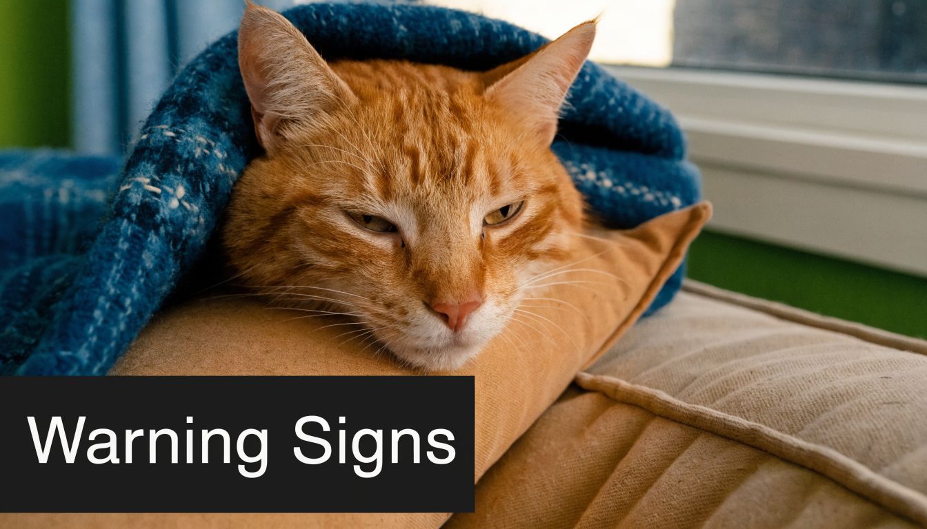 A sleepy orange tabby cat resting under a cozy blue blanket on a soft beige pillow.