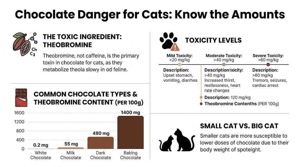 An infographic detailing chocolate toxicity in cats, including danger levels and theobromine content in various chocolate types.