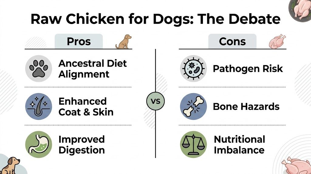A comparison chart outlining the pros and cons of feeding raw chicken to pet dogs.