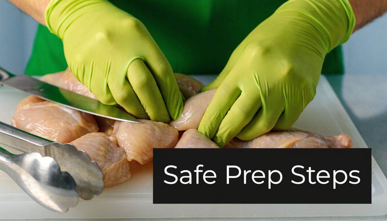 A person wearing green gloves preparing raw chicken breast on a white cutting board for safe cooking.