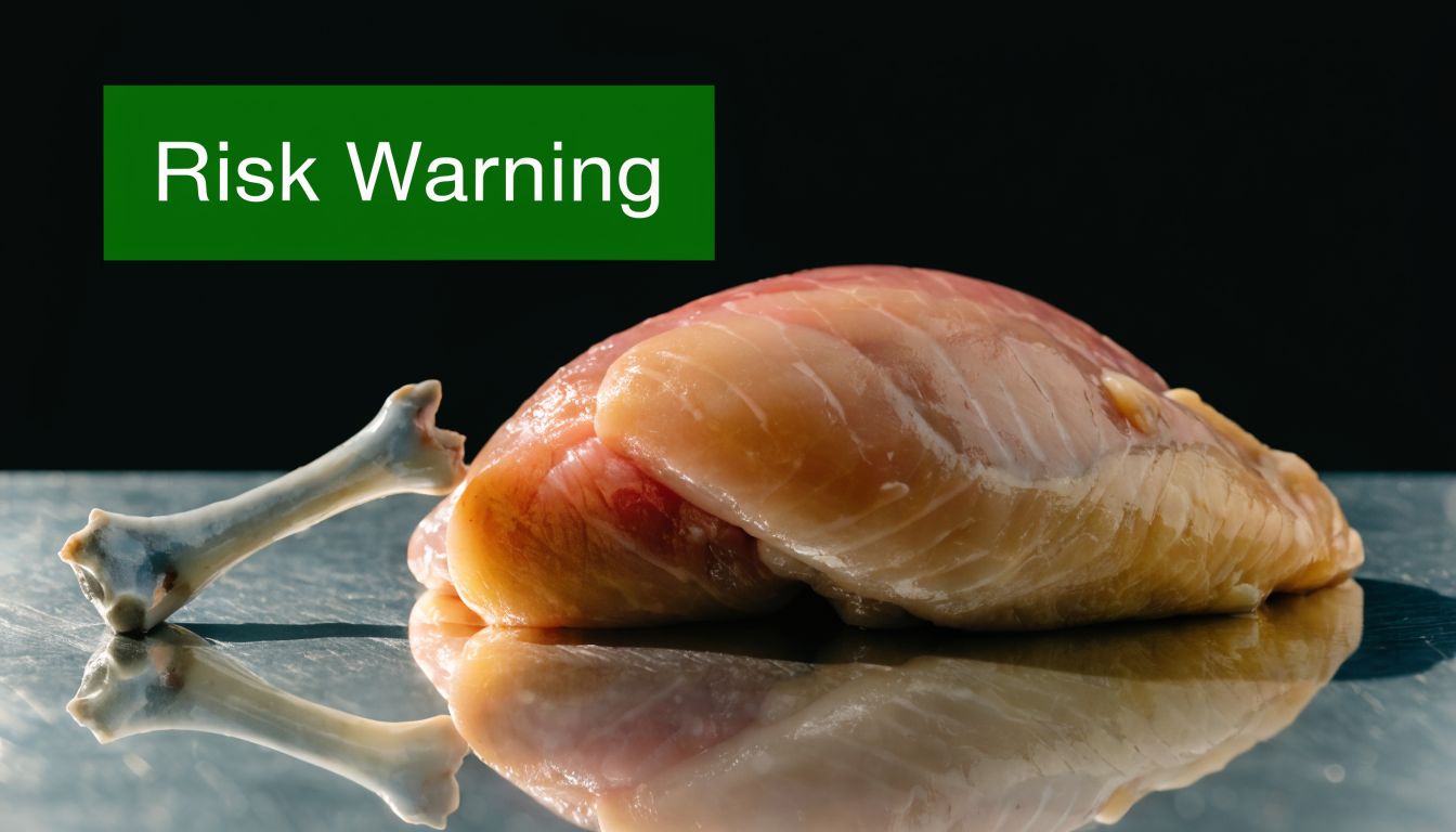 A piece of raw chicken breast with a bone resting on a reflective surface against black.