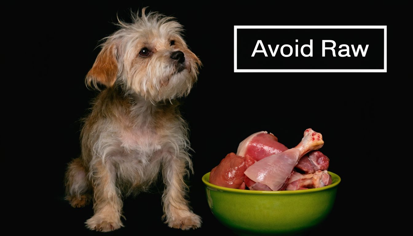 A shaggy dog looking longingly at a green bowl filled with raw chicken meat pieces.