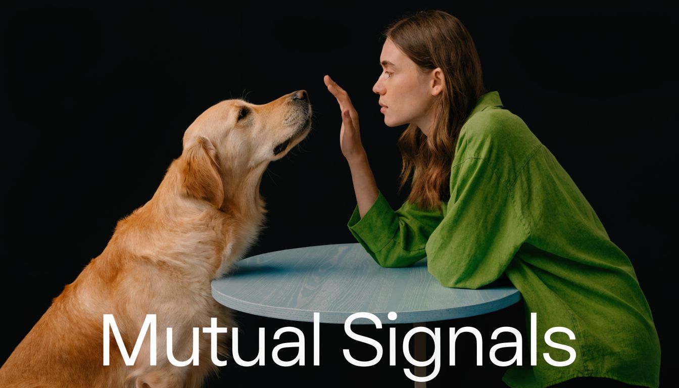 A woman in a green shirt sits at a table and communicates with a golden retriever dog.