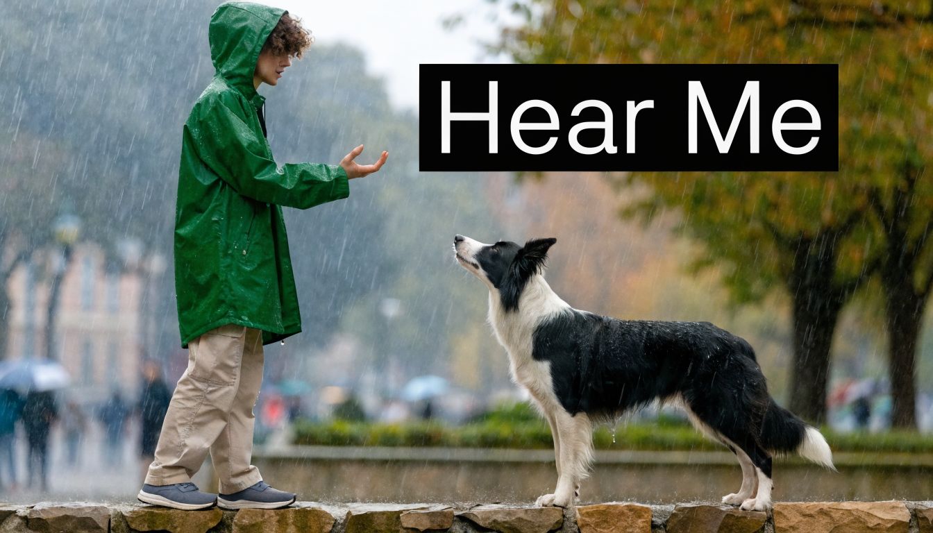 A person in a green raincoat using sign language to communicate with a border collie dog outdoors.