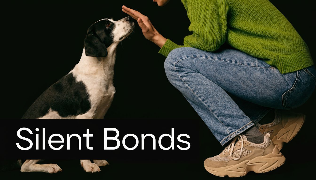 A person in a green sweater reaching out their hand to a black and white dog.
