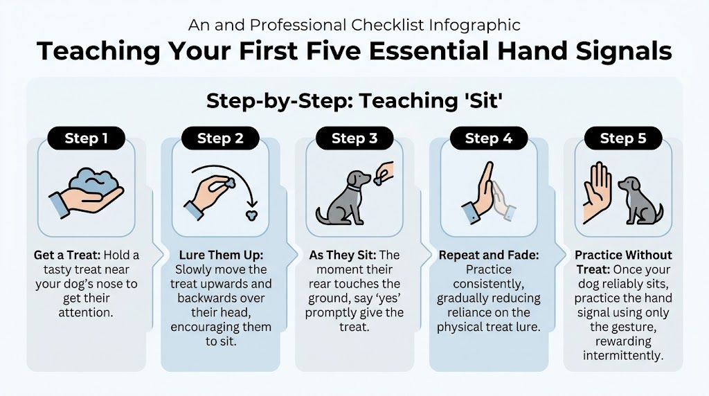 An infographic showing a step-by-step guide on how to teach a dog the sit hand signal.