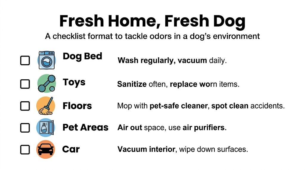 A checklist titled Fresh Home, Fresh Dog for maintaining a clean environment and reducing pet odors.