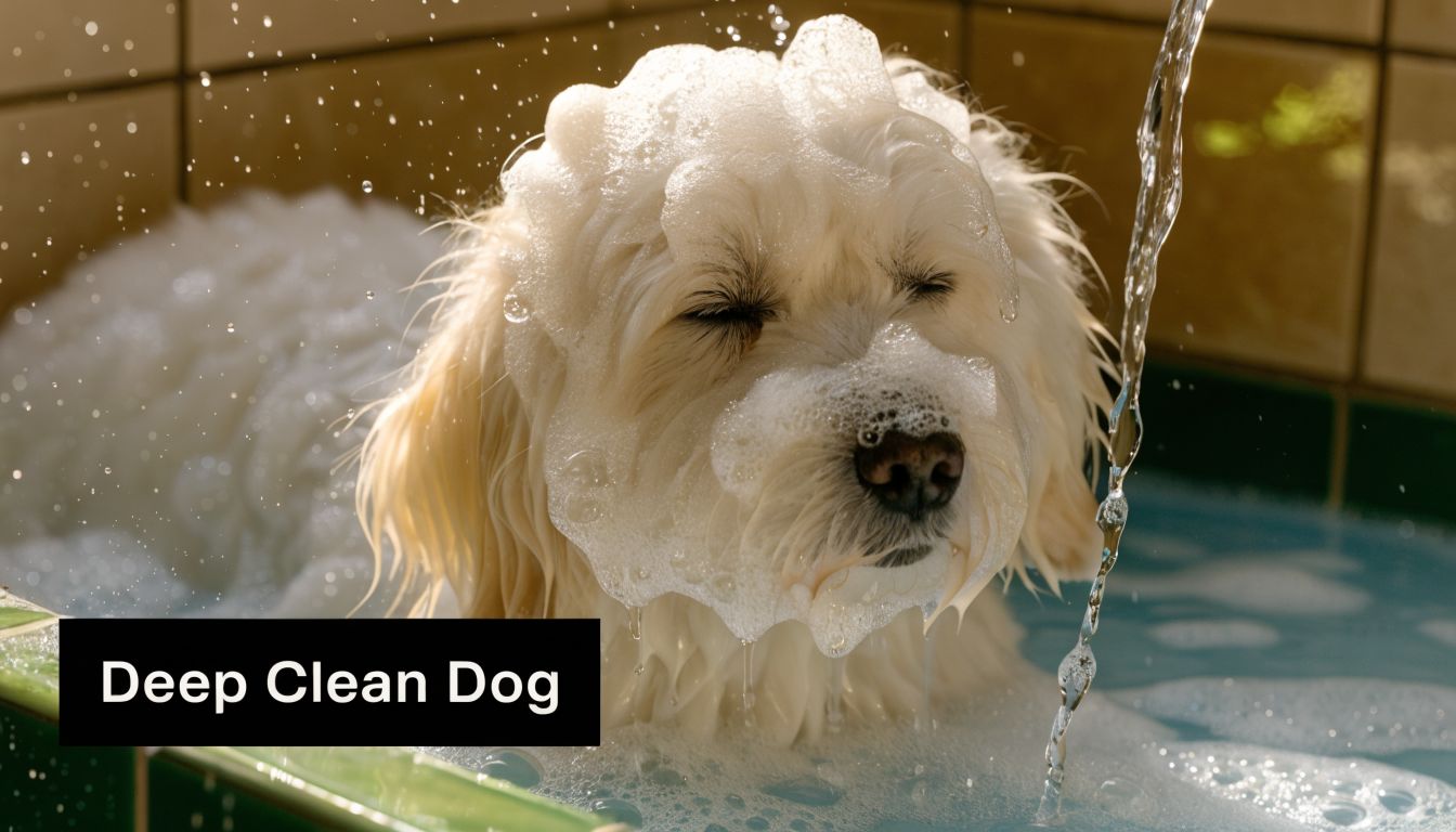 A fluffy cream-colored dog with eyes closed enjoying a warm bath covered in soapy white foam