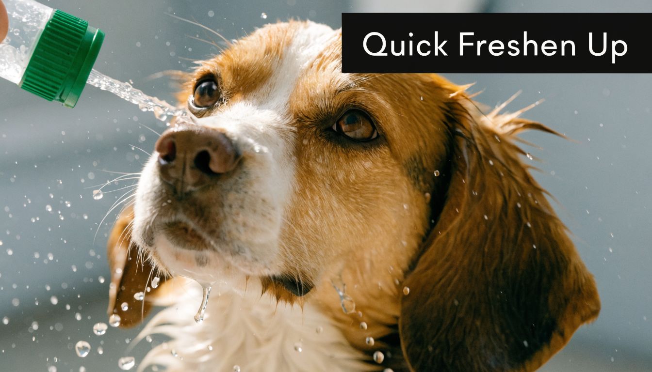 A close-up shot of a cute dog being sprayed with water for a quick freshen up bath.