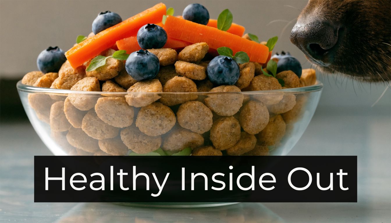 A close-up of a dog sniffing a bowl of healthy pet food topped with blueberries and carrots.