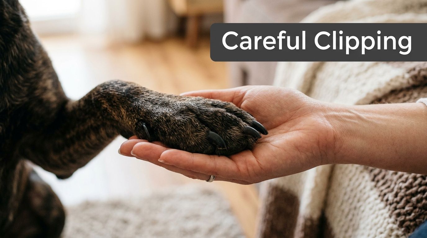 A person gently holds a dog's dark paw to prepare for safe nail clipping at home.