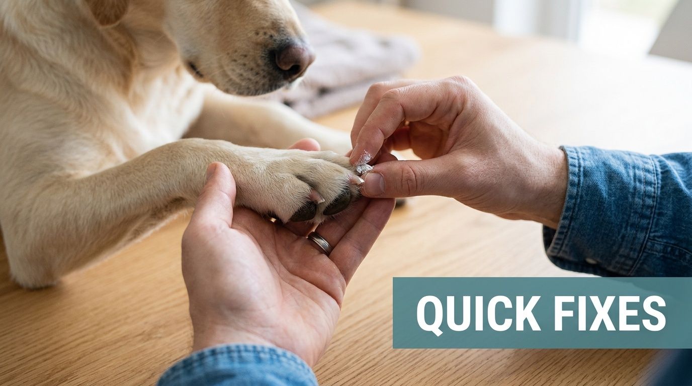 A person applying styptic powder to stop bleeding after accidentally clipping a dog's nail too short.
