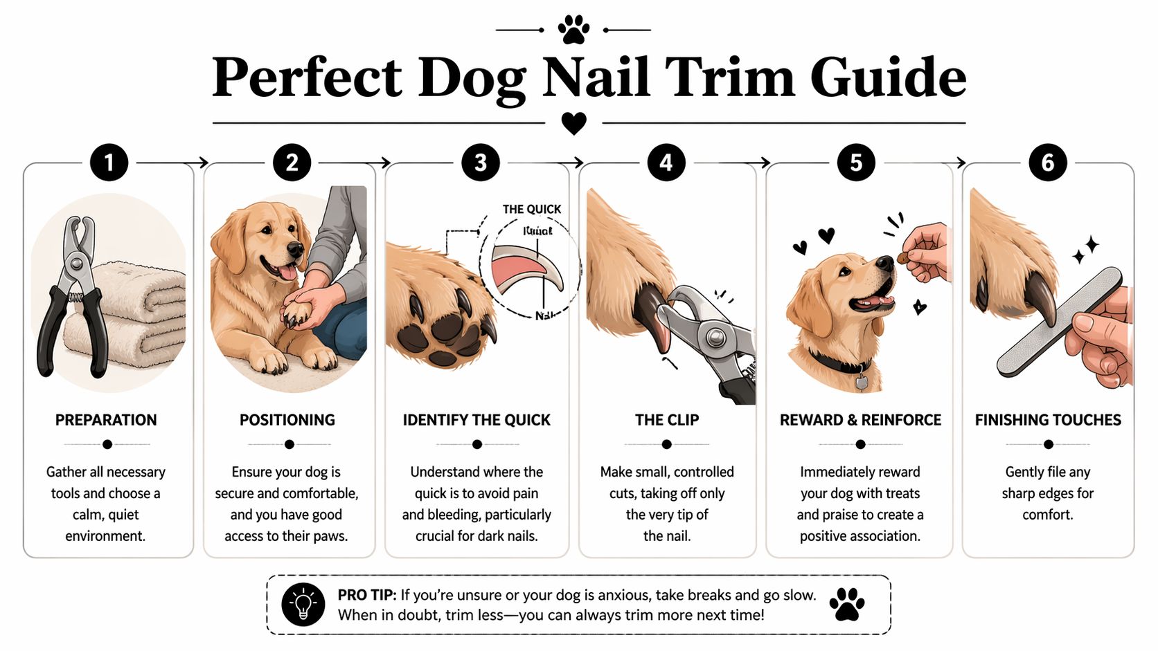 A six-step illustrated guide on how to properly clip dog nails safely and comfortably at home.
