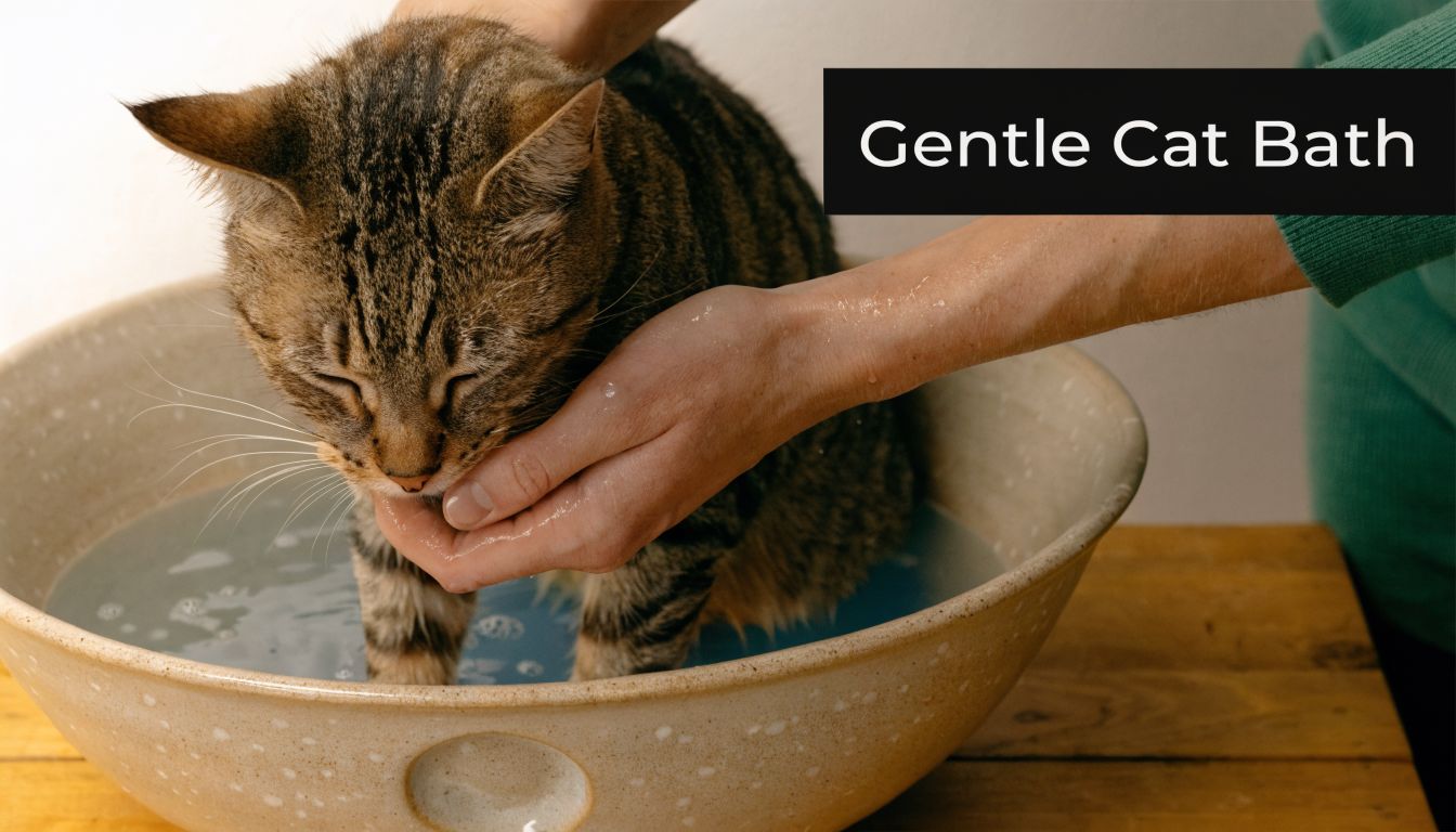 A person gently washing a tabby cat in a ceramic bowl of soapy water