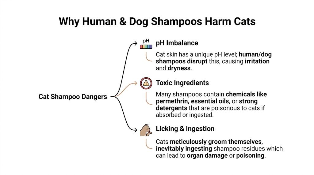 An infographic showing why human and dog shampoos are dangerous for cats due to pH and toxins.
