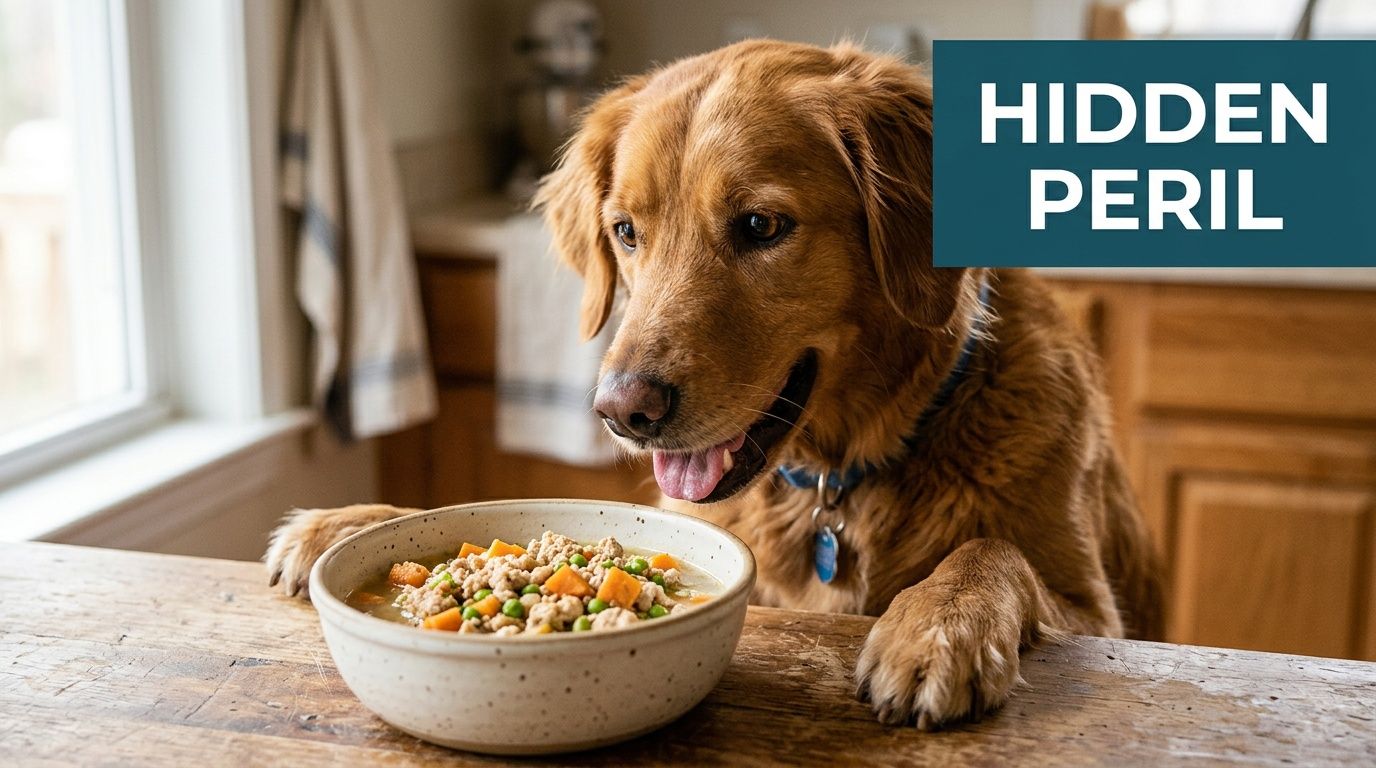 A golden retriever sitting at a wooden kitchen table, looking longingly at a bowl of homemade dog food.