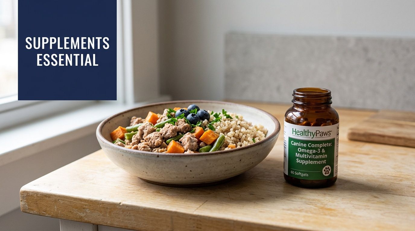 A ceramic bowl filled with homemade dog food next to a bottle of Healthy Paws canine supplements.