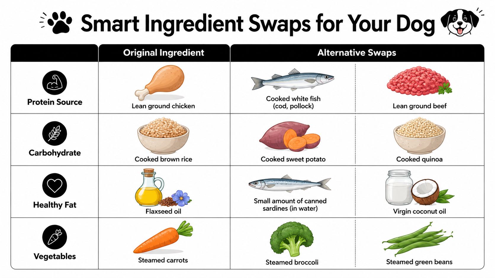 A chart showing healthy, nutrient-dense ingredient swap recommendations for homemade dog food diets by category.