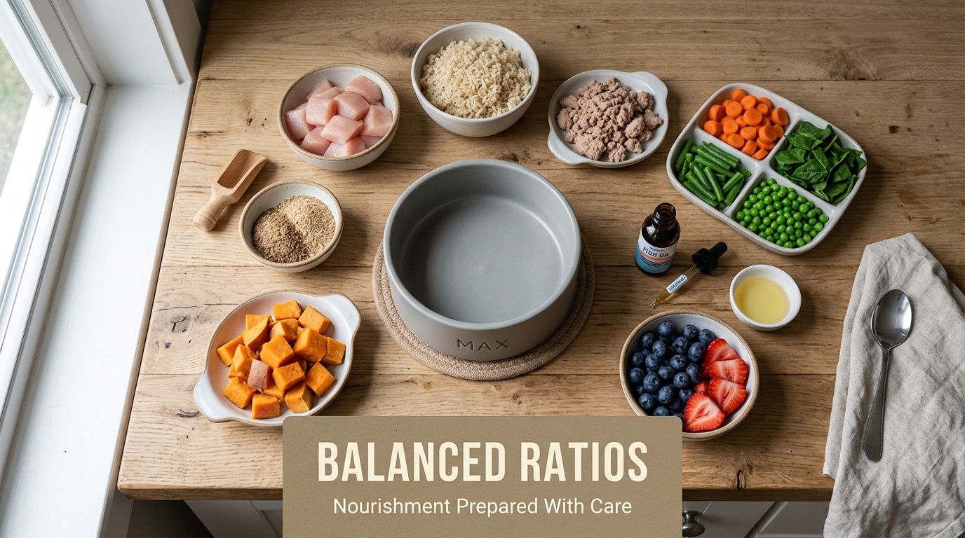 Ingredients for balanced homemade dog food, including fresh meat, grains, vegetables, and oils on a wooden table.