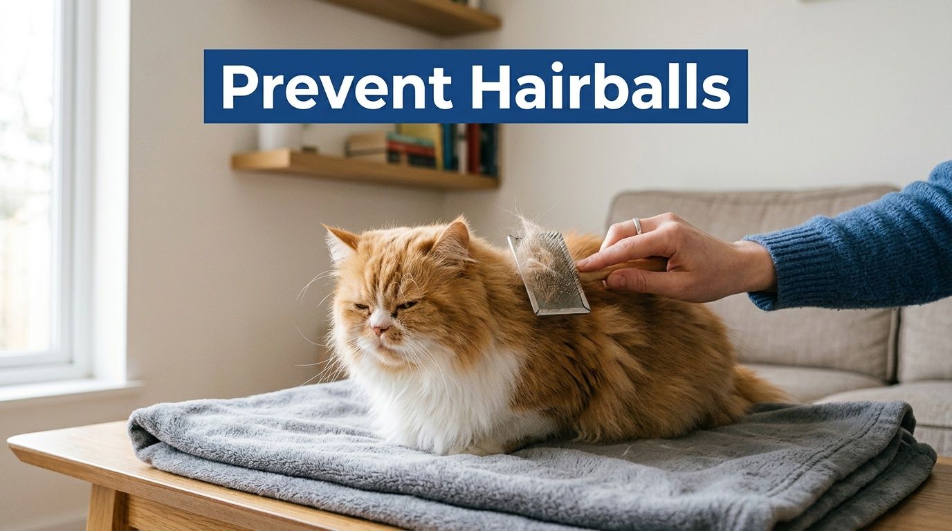 A person gently brushes a fluffy orange cat on a gray blanket to prevent hairballs.