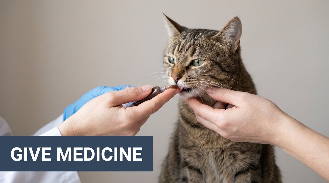 A person in blue gloves administering medical paste to a tabby cat from a small tube.