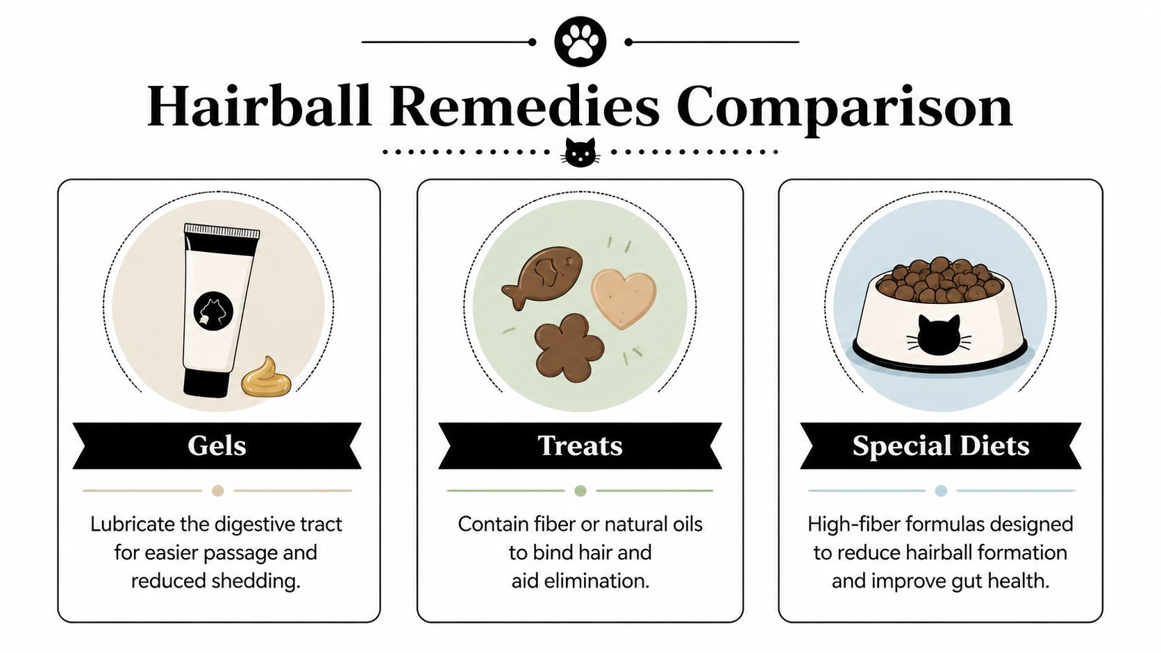 A comparison infographic showing three types of cat hairball remedies: gels, treats, and special diets.