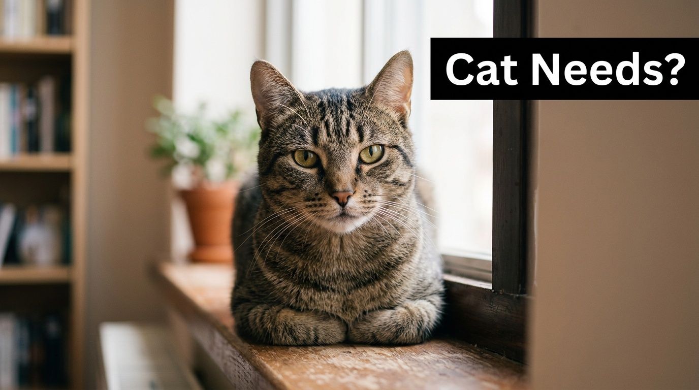 A domestic tabby cat sitting quietly on a wooden windowsill near a potted plant indoors.