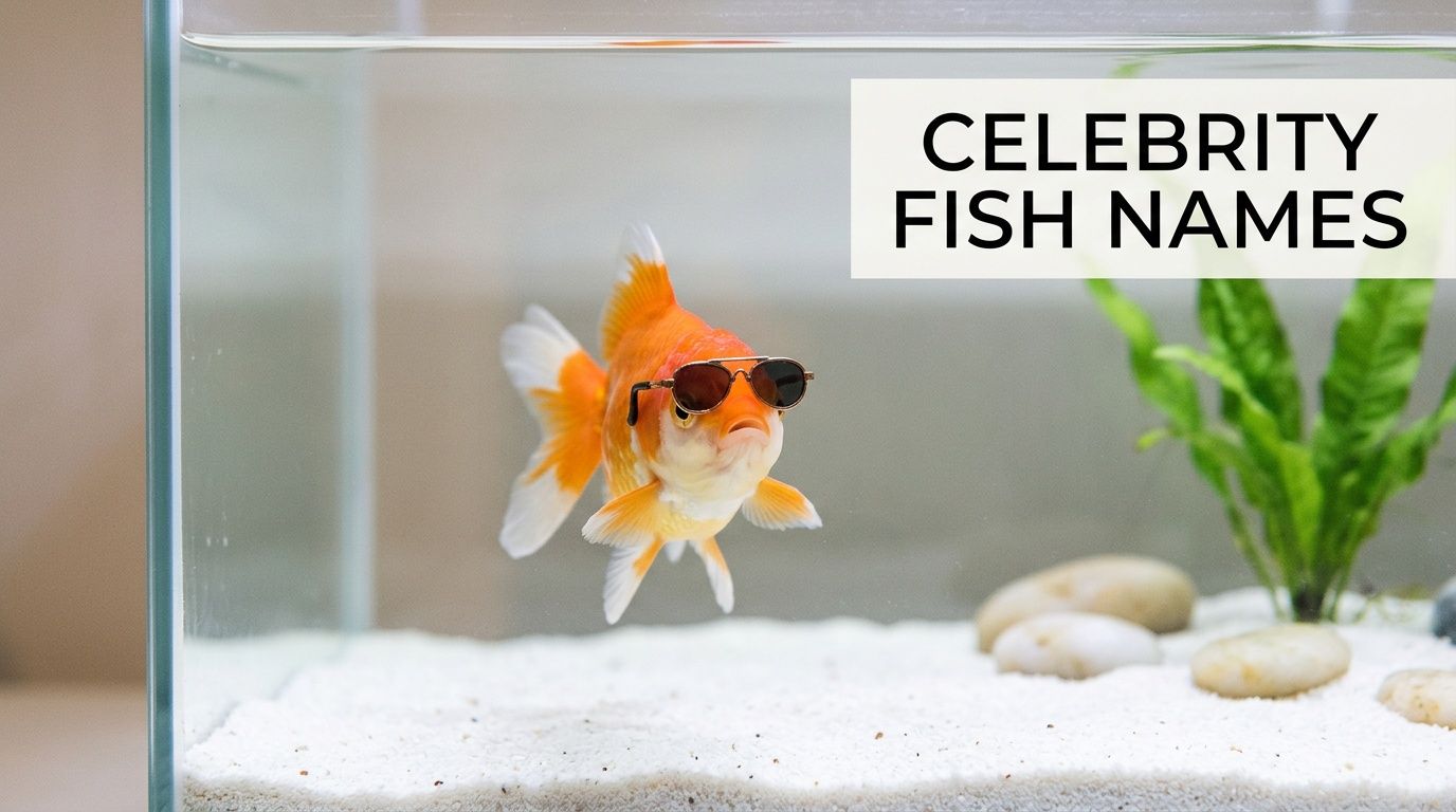 A goldfish wearing miniature sunglasses swimming inside a glass aquarium with white sand and green plants.