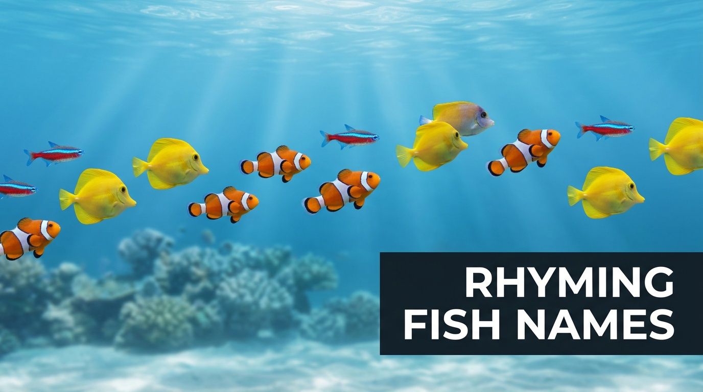 A group of colorful tropical fish swimming underwater with the text overlay Rhyming Fish Names.